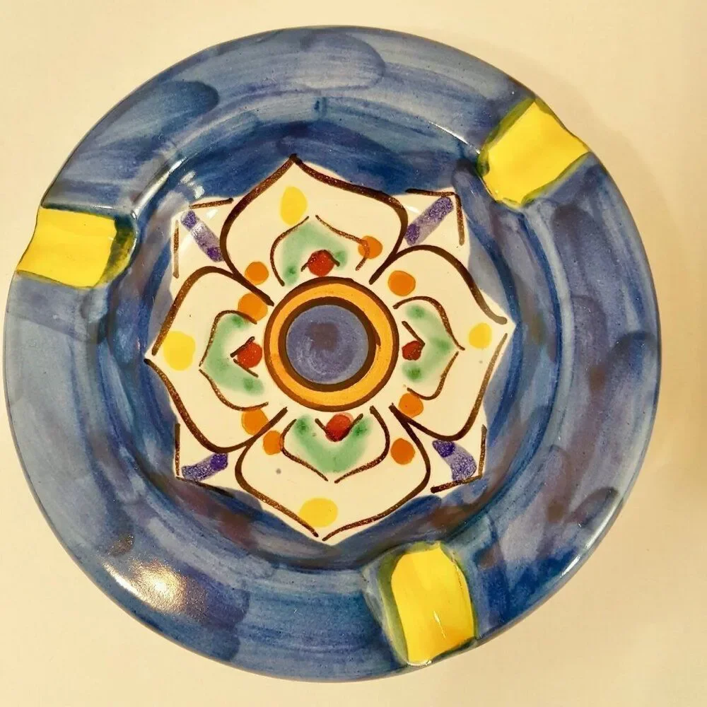 Vietri Store Dip A Mano Ceramic 4” Ashtrays Italy Floral Blue Green New Pottery